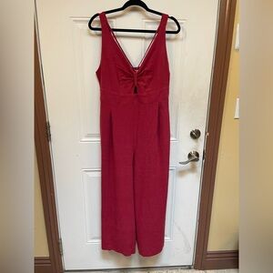 Anrabess Linen Red Sleeveless V-Neck Jumpsuit Wide Leg Romper